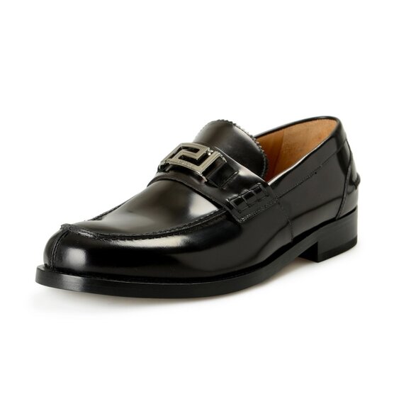 Versace Men's Silver Logo Black 100% Leather Slip On Loafers Shoes US 7 IT 40